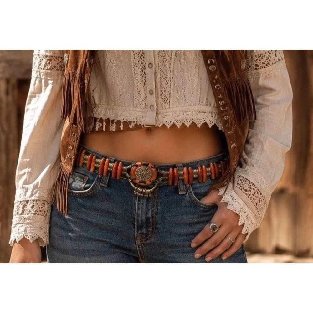 🔥Vintage Chunky Belt Boho Bohemian Wooden Cowgirl Southwestern Artisan Aztec